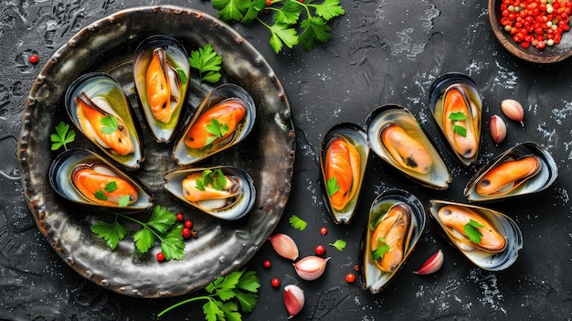 Moules de fruits de mer succulents garnis de sauce et de persil