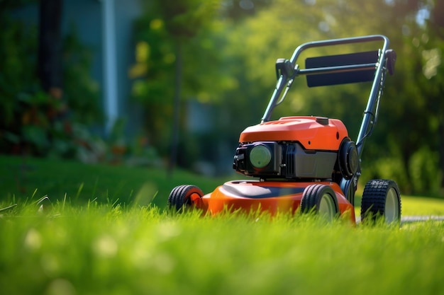 Photo un mouleur de pelouse sur l'herbe verte dans un jardin moderne machine pour couper les pelouses