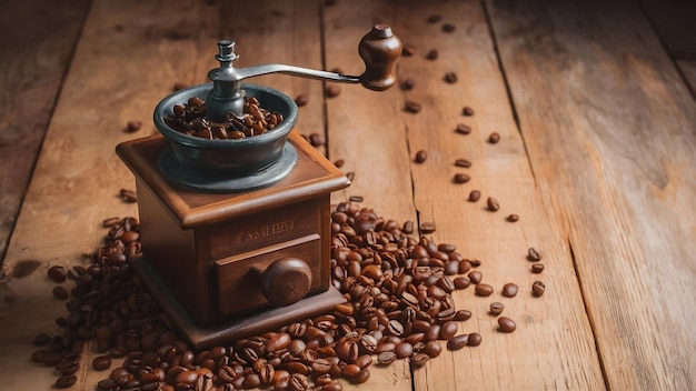 Un moulin à café vintage près des grains éparpillés