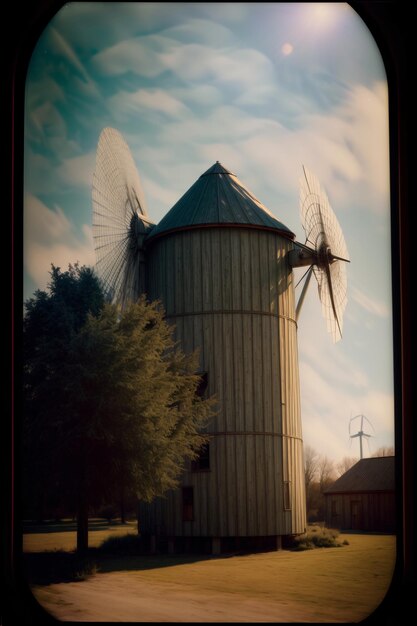 Un moulin à vent assis au milieu d'un champ