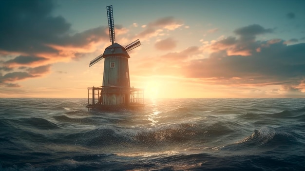 Moulin à vent au milieu de la mer IA générative