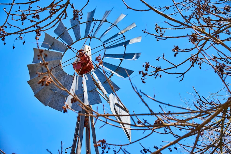 Photo moulin à vent et branches nues encadrant le ciel bleu rural de l'indiana