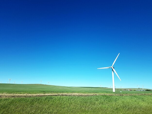 Moulin à vent sur le champ contre un ciel bleu clair