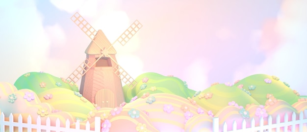 Photo moulin à vent et champ de fleurs en dessin animé 3d