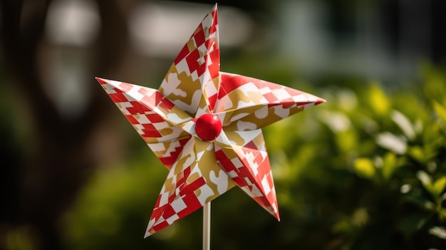 Un moulin à vent coloré avec un coeur rouge dessus