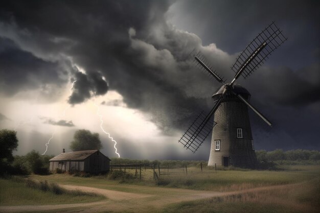 Photo un moulin à vent dans un champ avec des nuages de tempête au-dessus