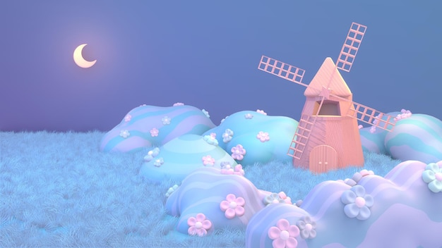 Moulin à vent de dessin animé en 3D la nuit