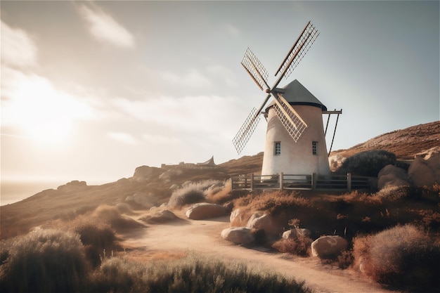 Moulin à vent en Hollande Moulin à vent à l'aube Contenu généré par l'IA