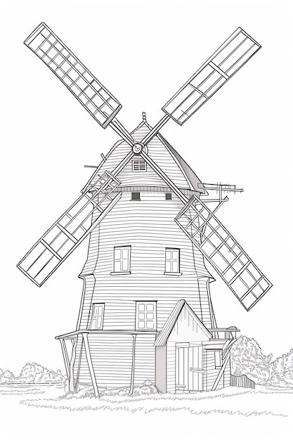 Un moulin à vent avec une maison et des arbres