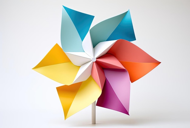 moulin à vent origami coloré en blanc sur un fond dans le style de bloomcore