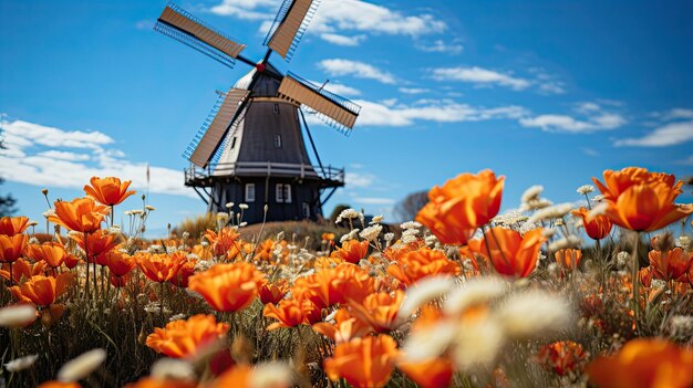 Photo moulin à vent de printemps et champ de tulipes colorées vue rapprochée des fleurs et en arrière-plan le moulin à vent contre le ciel bleu ia générative