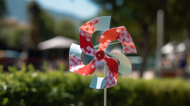 Un moulin à vent rouge et blanc avec un motif à carreaux rouge et blanc dessus.