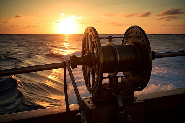 Un moulinet de pêche en haute mer à bord d'un bateau au lever du soleil