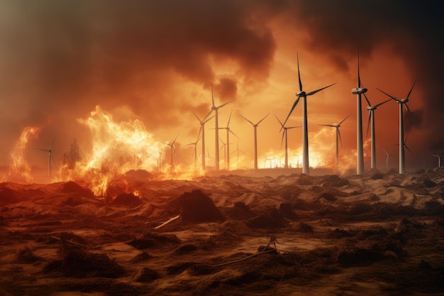 Moulins à vent debout dans la terre aménagés dans un cluster Vue d'un parc éolien avec des turbines en feu un concept de crise énergétique et de pollution généré par l'IA