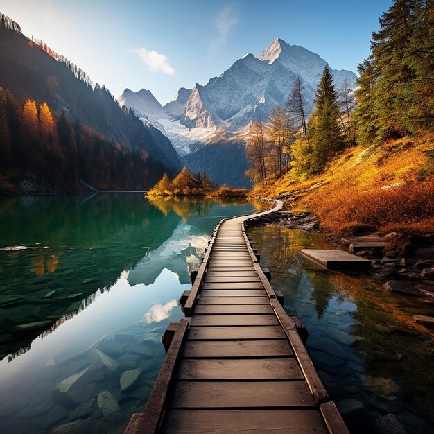 Photo mountain serenity photo d'un lac dans les montagnes avec un chemin menant à une captivante capture de scène