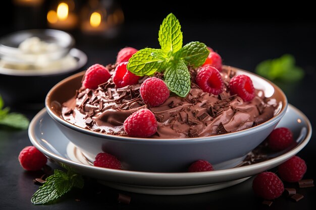 Mousse au chocolat sur un comptoir en marbre