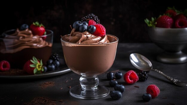 Mousse au chocolat avec crème fouettée et baies un dessert riche et luxueux Image AI générative