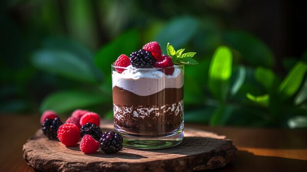 Mousse au chocolat décadente dans un bocal avec crème fouettée et baies