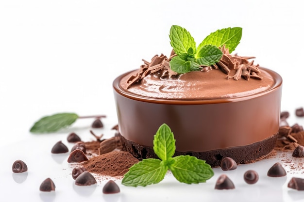 Mousse au chocolat garnie de feuilles de menthe isolé sur fond blanc Ai générative