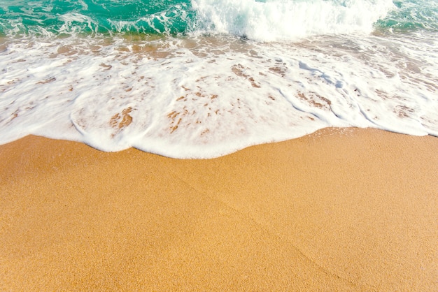 Mousse blanche et mer d'azur, sable et eau, douce vague d'océan bleu et de plage de sable