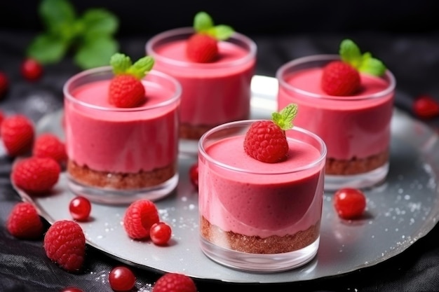 Mousse de framboise versée dans des verres à shot vue de dessus