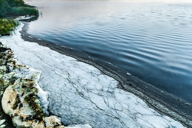 La mousse de pollution sur la rive d'un lac au Québec, au Canada