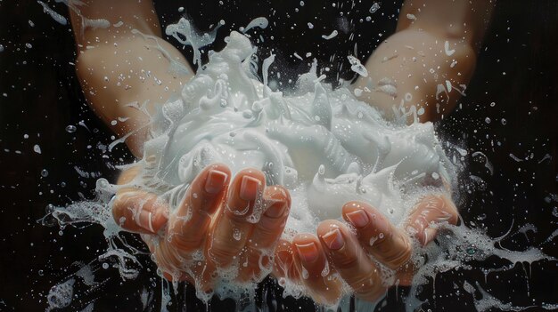 La mousse de savon à bulles blanches dans les mains
