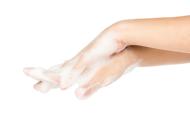 Photo mousse de savon pour le lavage des mains isolé sur un mur blanc nettoyer le virus