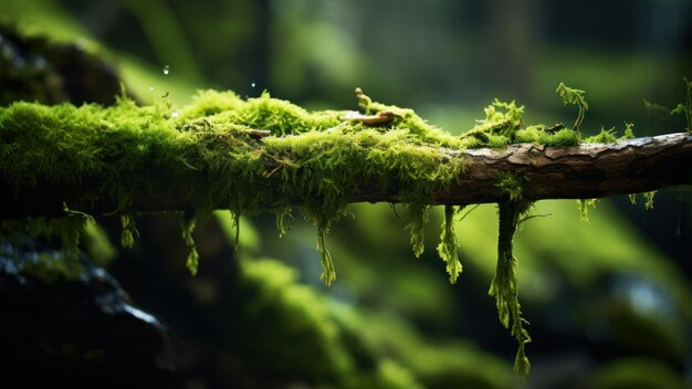 mousse verte sur une branche d'arbre dans le fond de la forêt tropicale