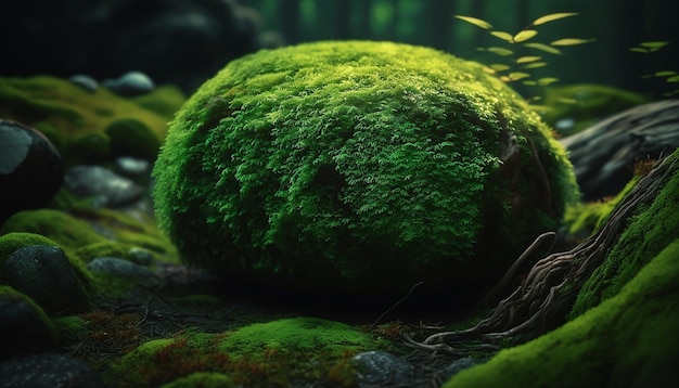 Mousse verte dans la forêt sur une pierre IA générative