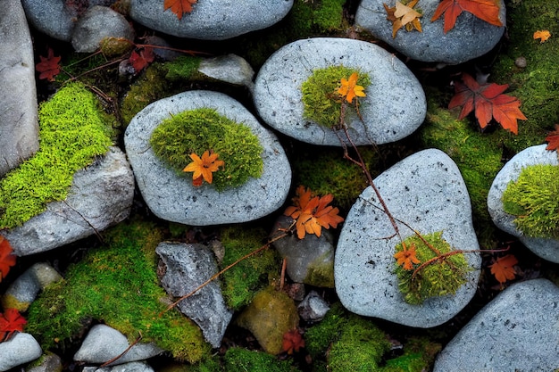 Mousse verte et feuilles d'automne lumineuses sur des pierres