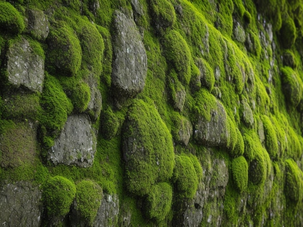 Mousse verte sur fond de texture de mur de pierre Mousse verte sur mur de pierre