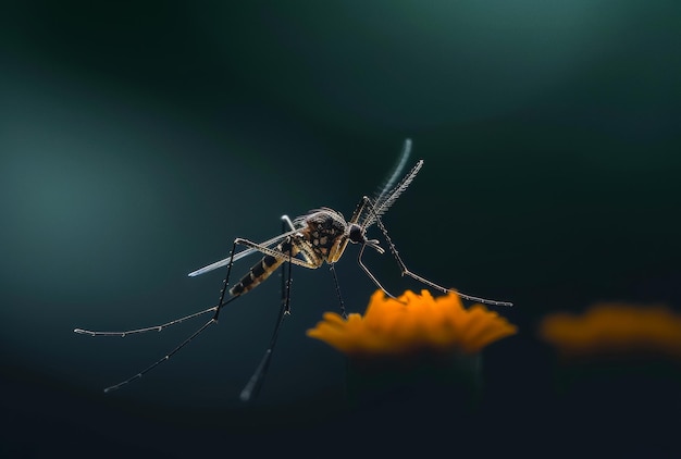 Le moustique est vu dans l'image avec une fleur jaune en arrière-plan