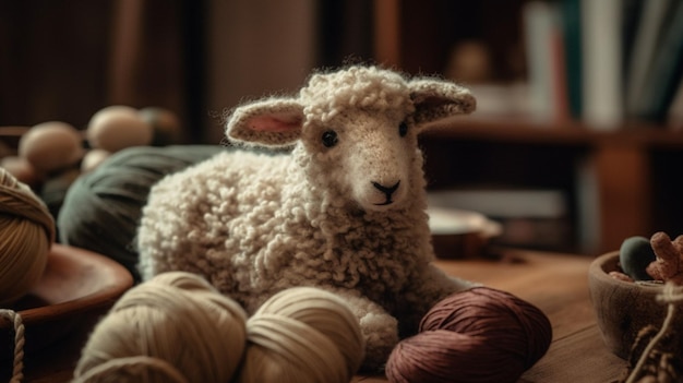 Un mouton au visage laineux est assis sur une table à côté de plusieurs pelotes de laine.