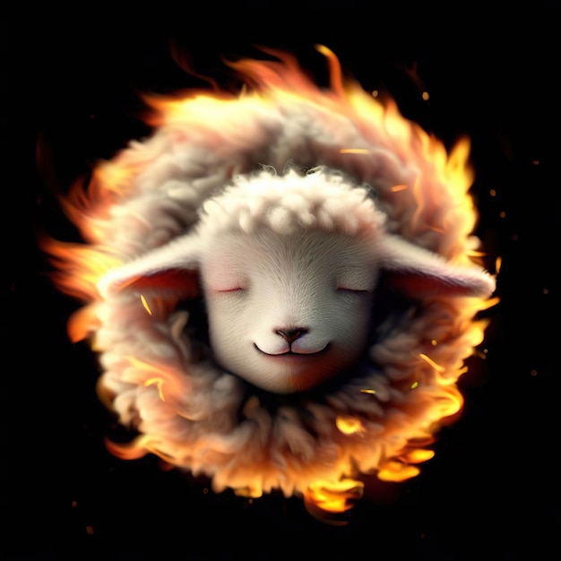 Un mouton brûle dans un feu avec un visage dessus.