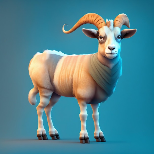 Un mouton avec un chandail dessus se tient devant un fond bleu.