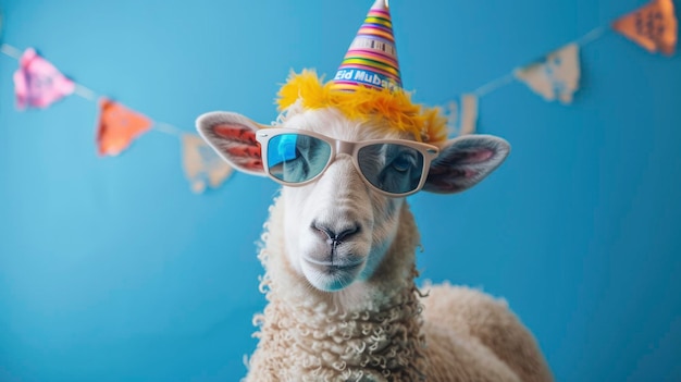 Un mouton conceptuel d'Eid portant un chapeau de fête et des lunettes de soleil avec le texte Eid Mubarak