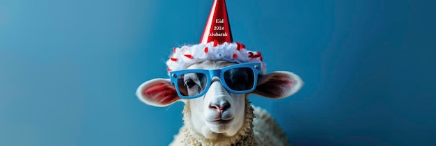 Un mouton conceptuel d'Eid portant un chapeau de fête et des lunettes de soleil avec le texte Eid Mubarak