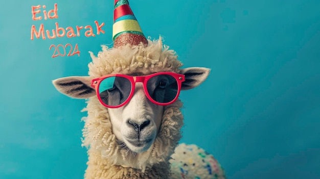 Un mouton conceptuel d'Eid portant un chapeau de fête et des lunettes de soleil avec le texte Eid Mubarak