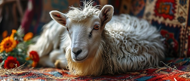 un mouton couché sur un tapis