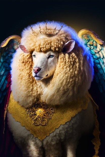 Un mouton avec une couronne et une couronne dessus