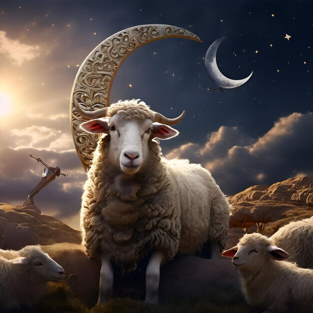 un mouton avec un croissant de lune et la lune en arrière-plan