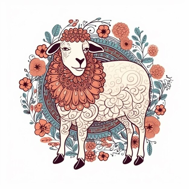 Un mouton dans un cadre floral
