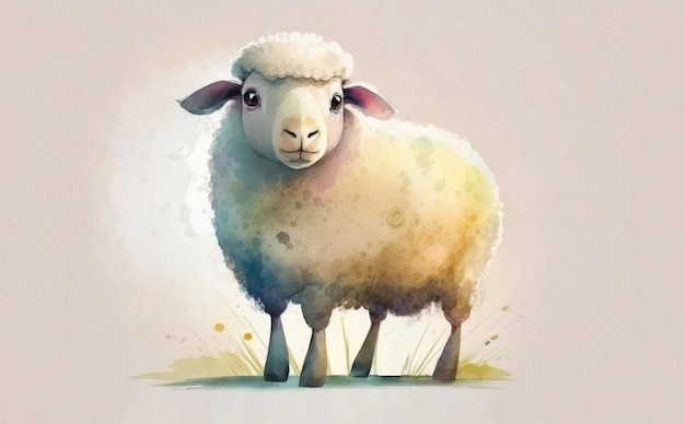 Un mouton dans un champ avec un ciel nuageux. illustrations aquarelle style dessin animé ai généré