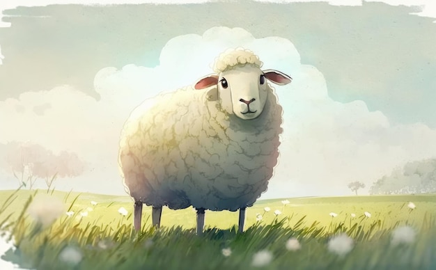 Un mouton dans un champ avec un ciel nuageux. illustrations aquarelle style dessin animé ai généré