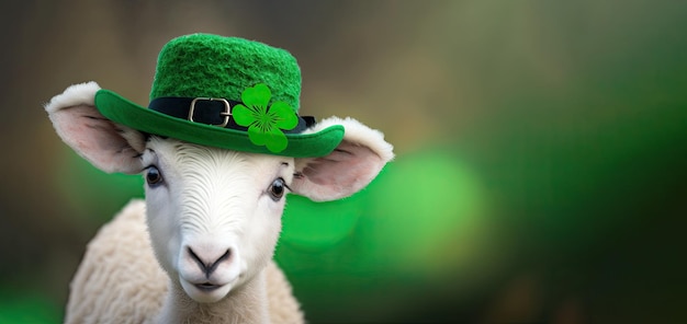 Mouton drôle portant un chapeau décoré d'un trèfle sur fond flou Animal célébrant la Saint Patrick IA générative