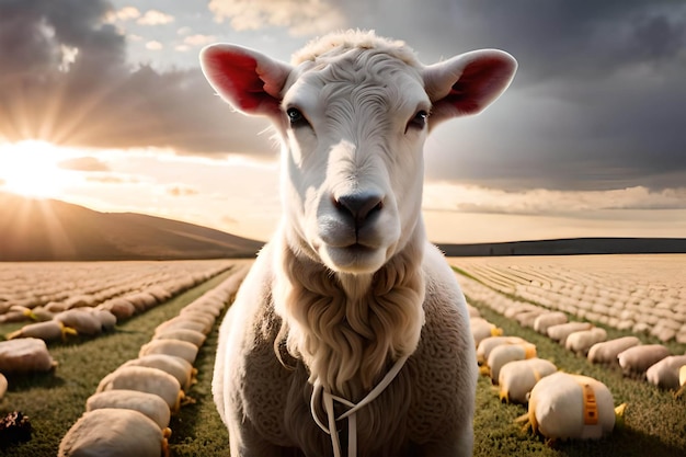 Un mouton est assis dans un champ avec un ciel nuageux derrière lui.