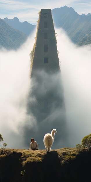 Photo un mouton est assis sur le sol devant une chute d'eau