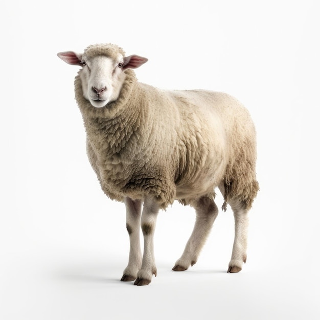 Un mouton avec un fond blanc et un nez noir se tient devant un fond blanc.