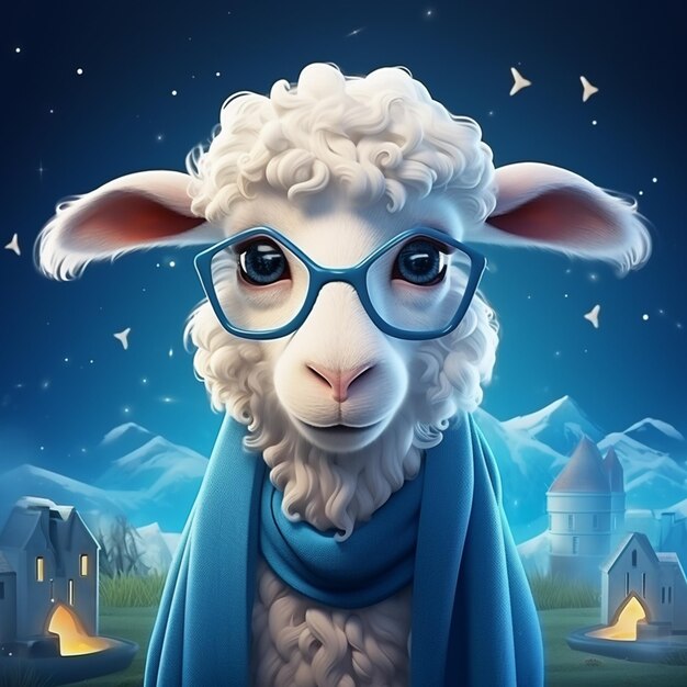 un mouton avec des lunettes et un foulard bleu se tient devant un paysage enneigé